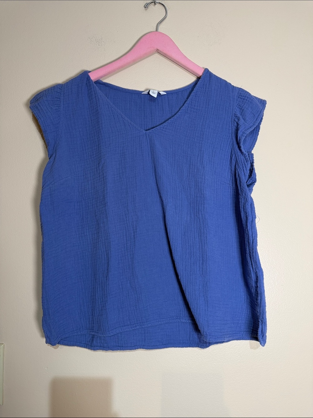 Three Dots cotton Royal Blue V-Neck Cap-Sleeve Blouse